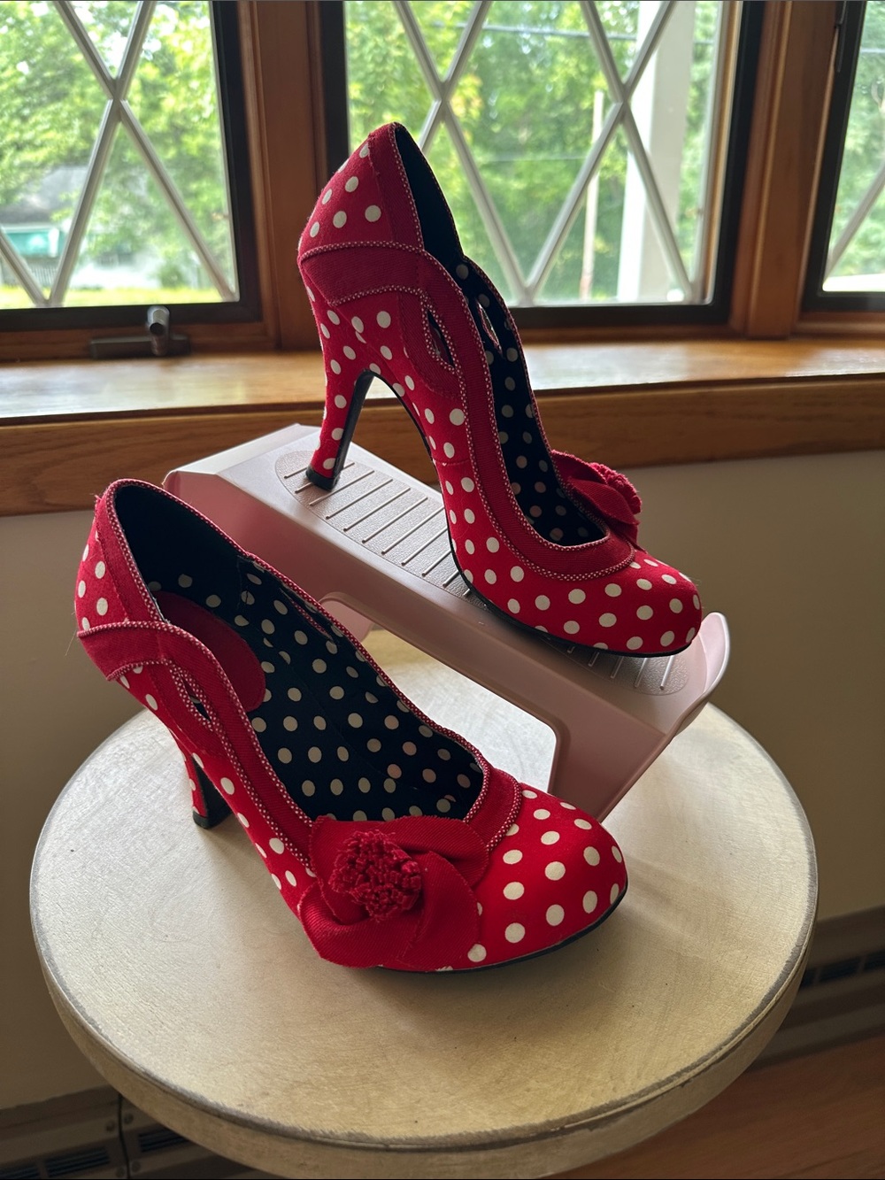 Ruby Shoo Red Polka Dot Women's High Heel Pumps with Flower Accent
